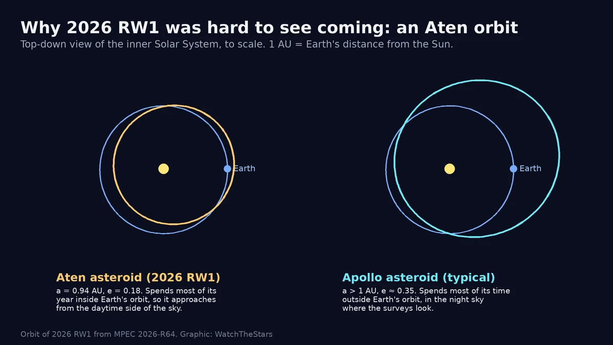 Diagram comparing the orbit of Aten asteroid 2026 RW1, mostly inside Earth's orbit, with a typical Apollo asteroid orbit that lies mostly outside Earth's orbit