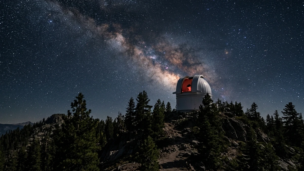 Illustration of a survey observatory dome on a pine-covered mountain summit under the Milky Way, similar to the Mt Lemmon site where 2026 RW1 was discovered