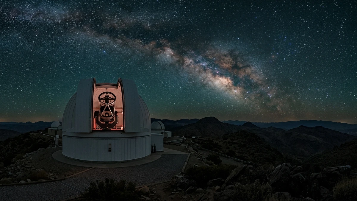 An observatory dome open to a dark starry sky, with telescope equipment scanning overhead
