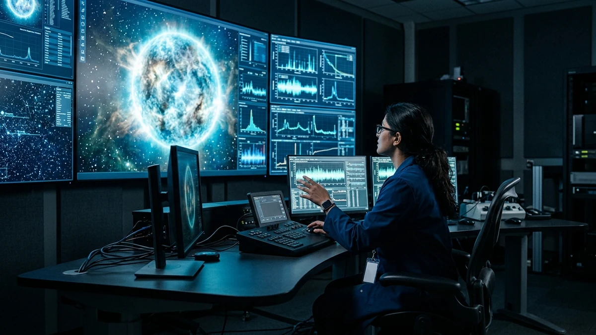 A scientist studying glowing orb imagery and data charts in a darkened analysis room