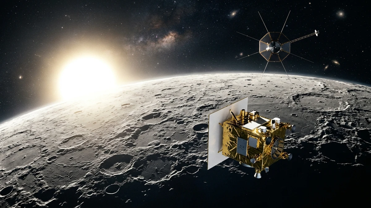 Artist's impression of two spacecraft in orbit above Mercury with the Sun blazing beyond the planet's limb