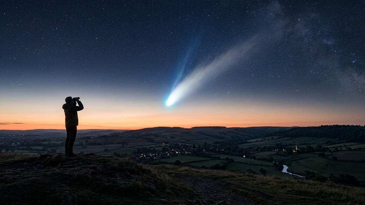 A bright comet with a sweeping dust tail visible in the predawn sky above a dark English landscape
