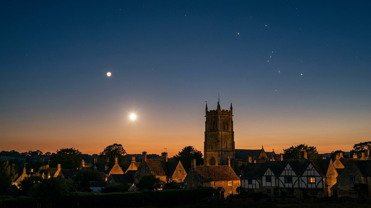 Venus and Jupiter shining brightly in the western evening sky above a silhouetted treeline