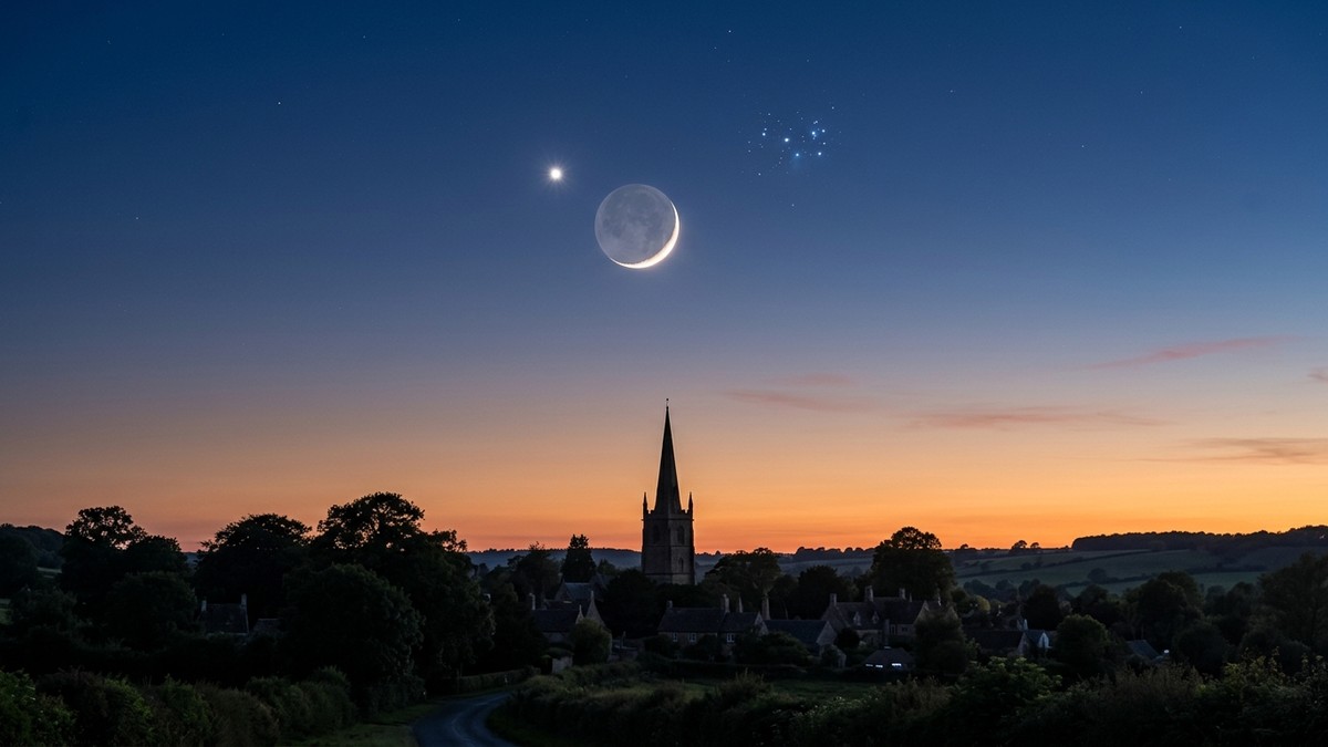 A thin crescent Moon near Venus and the Pleiades star cluster in the western twilight sky