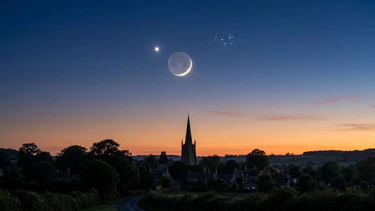 A thin crescent Moon near Venus and the Pleiades star cluster in the western twilight sky