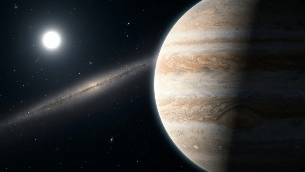 Artist's impression of the gas giant Beta Pictoris d, a banded orange world illuminated on one side by its young star, with the dusty debris disk in the background