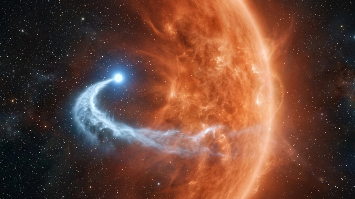 Artist's impression of a small blue-white star ploughing through the thin outer gas of the enormous orange supergiant Betelgeuse