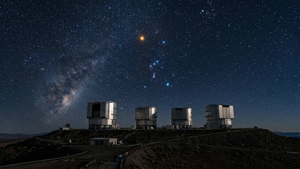 The domes of the Very Large Telescope on the Paranal mountaintop at night beneath a brilliant starry sky with Orion above