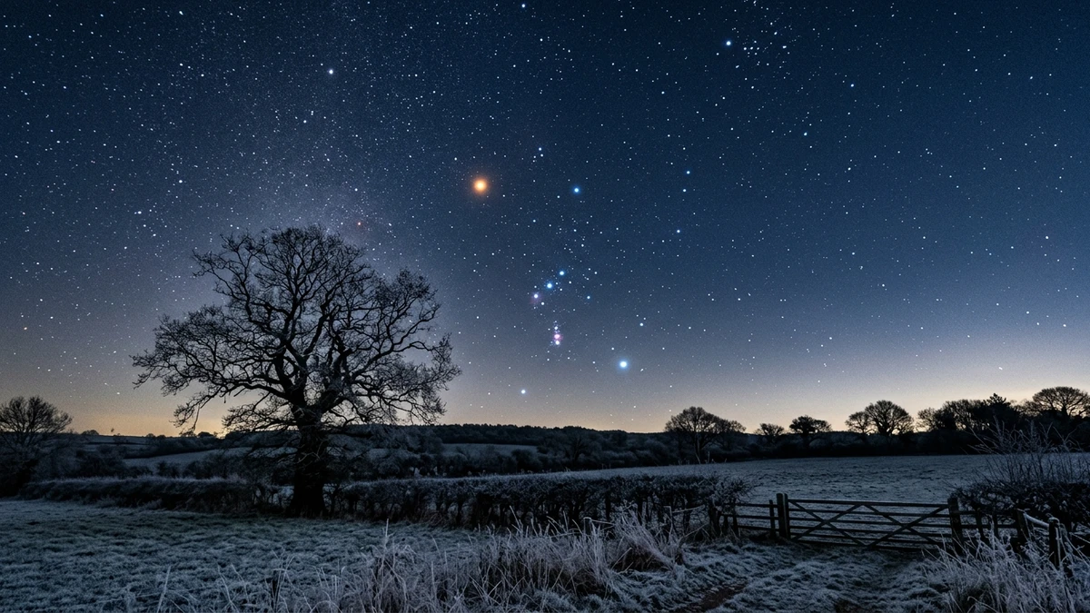 Orion rising over a frosty UK field before dawn, with the orange star Betelgeuse clearly visible at the hunter's shoulder