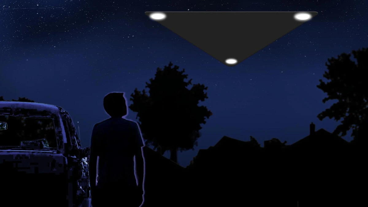 FBI digital rendering FBI-UAP-D029 showing a dark triangle with three white corner lights above a suburban street at night, based on a 2011 witness description