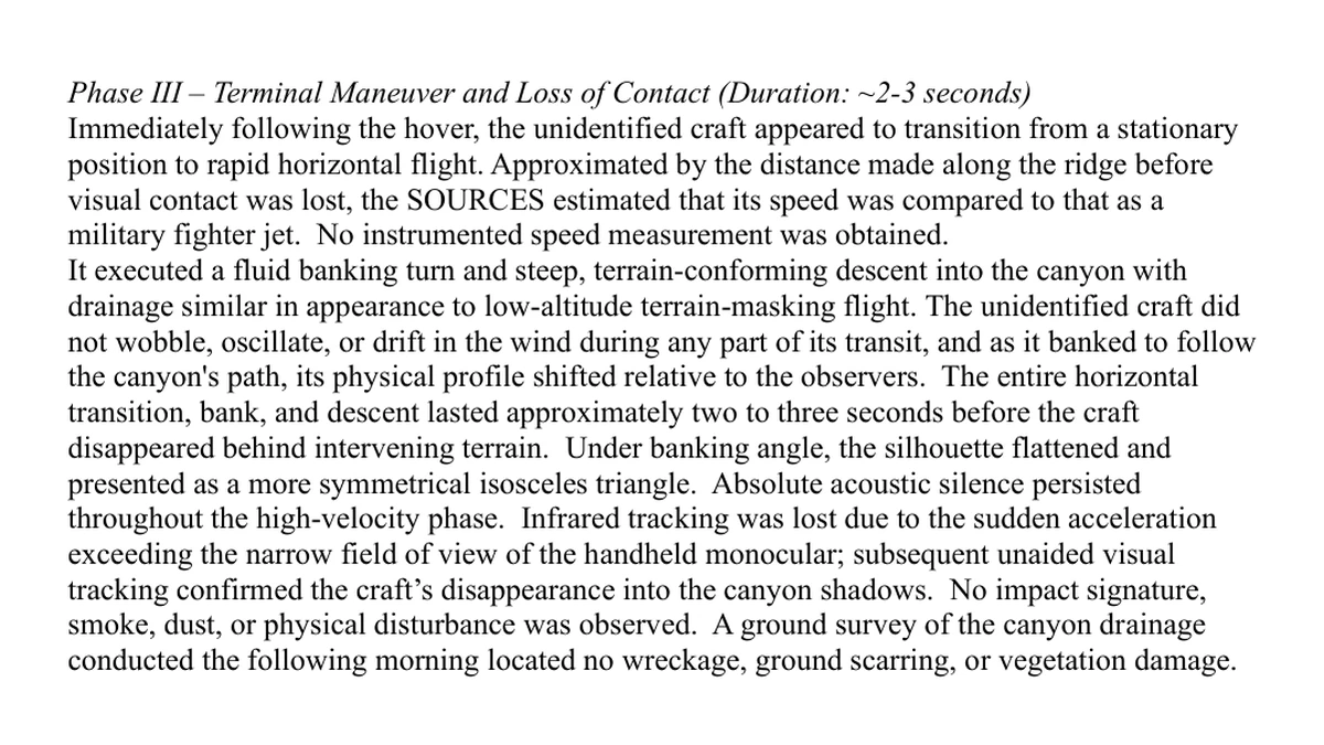 Typed text from page 3 of the AARO memo DOW-UAP-D176 headed Phase III, Terminal Maneuver and Loss of Contact, Duration about 2 to 3 seconds, including the line No instrumented speed measurement was obtained