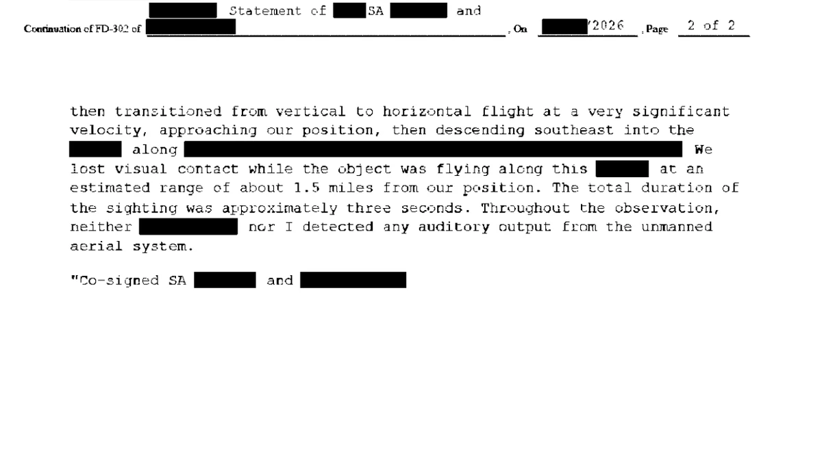 Typewritten page 2 of the FBI FD-302 FBI-UAP-D043, partly redacted, reading that the object transitioned to horizontal flight at a very significant velocity, was lost at about 1.5 miles, and that the total duration of the sighting was approximately three seconds