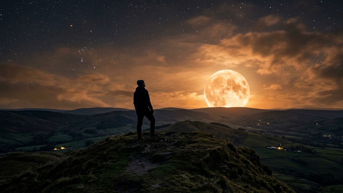 Silhouette of a person standing on a hilltop watching a large full moon rising low over the British countryside at night