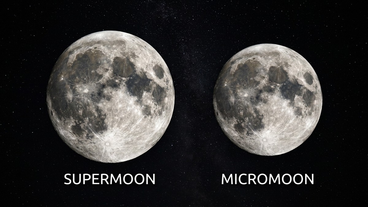 Side-by-side comparison of a supermoon (larger) and micromoon (smaller) against a black sky