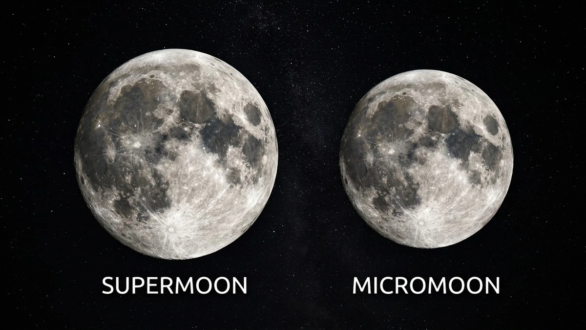 Side-by-side comparison of a supermoon (larger) and micromoon (smaller) against a black sky