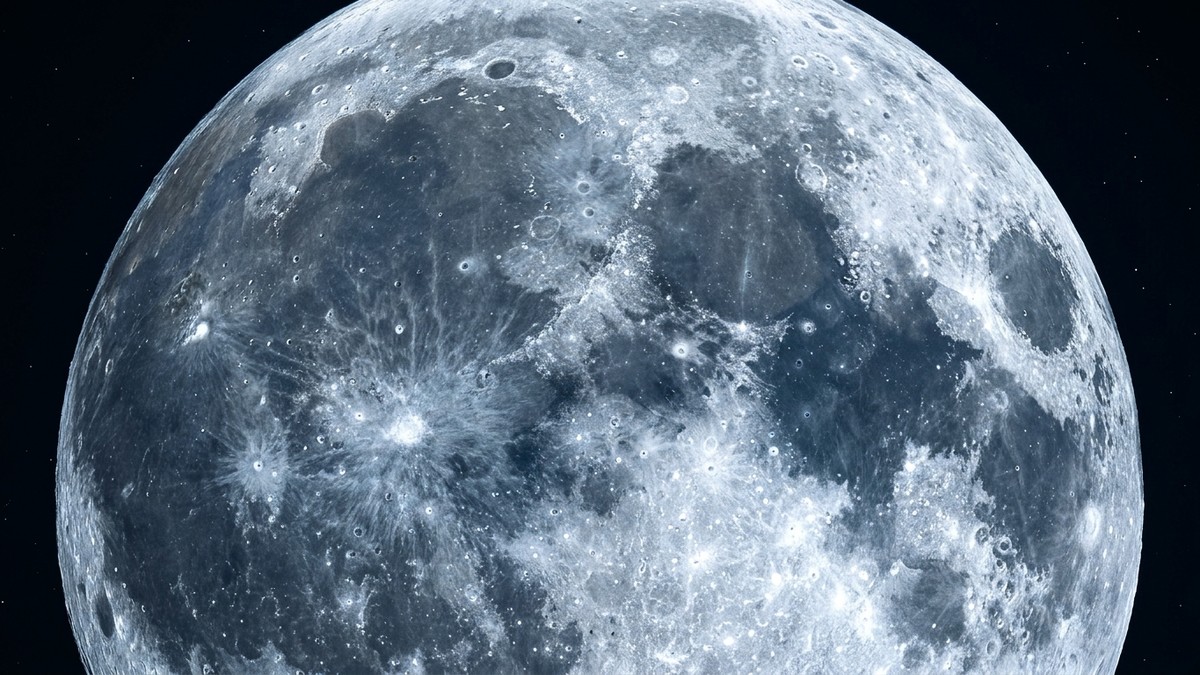 Close-up photorealistic image of the full moon surface showing craters, maria and highlands in detail against a black sky