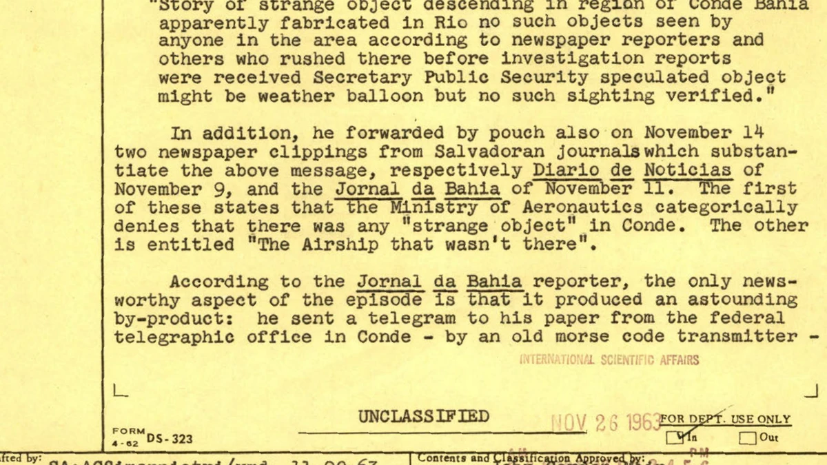 Declassified 20 November 1963 State Department airgram quoting the Jornal da Bahia headline The Airship that wasn't there