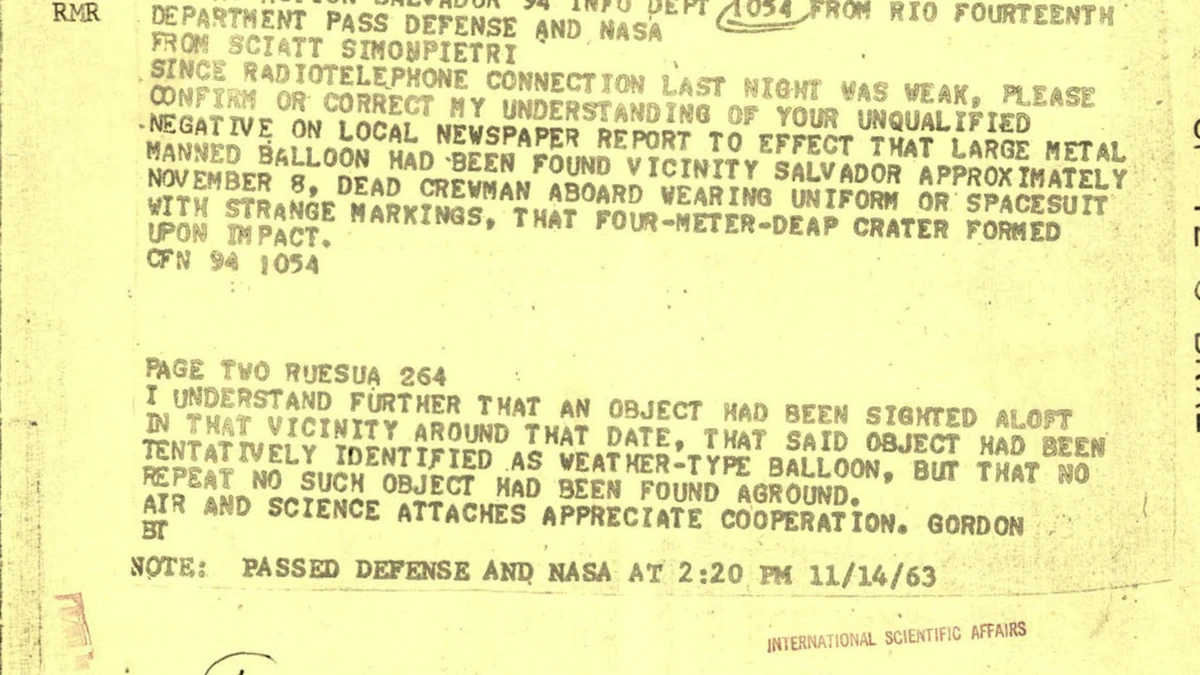 Declassified 14 November 1963 US embassy cable from Rio de Janeiro asking the Salvador consulate to confirm its negative on the dead crewman report