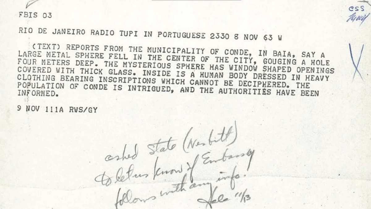 Declassified FBIS transcript of the Radio Tupi broadcast of 8 November 1963, describing a large metal sphere with window-shaped openings and a body inside