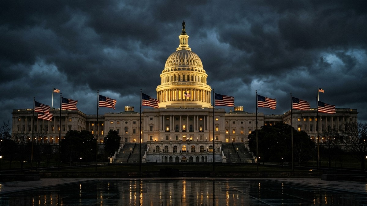 The US Capitol building illuminated at night with dramatic cloudy sky