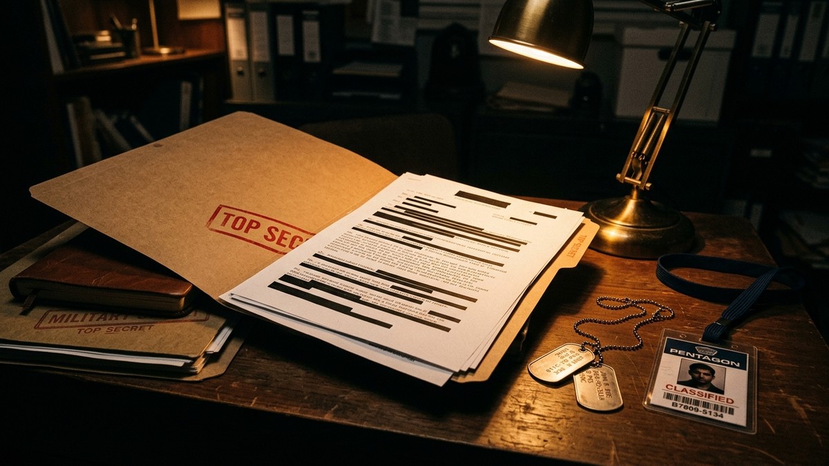 A classified document folder with TOP SECRET stamp and UAP imagery visible through partially opened cover