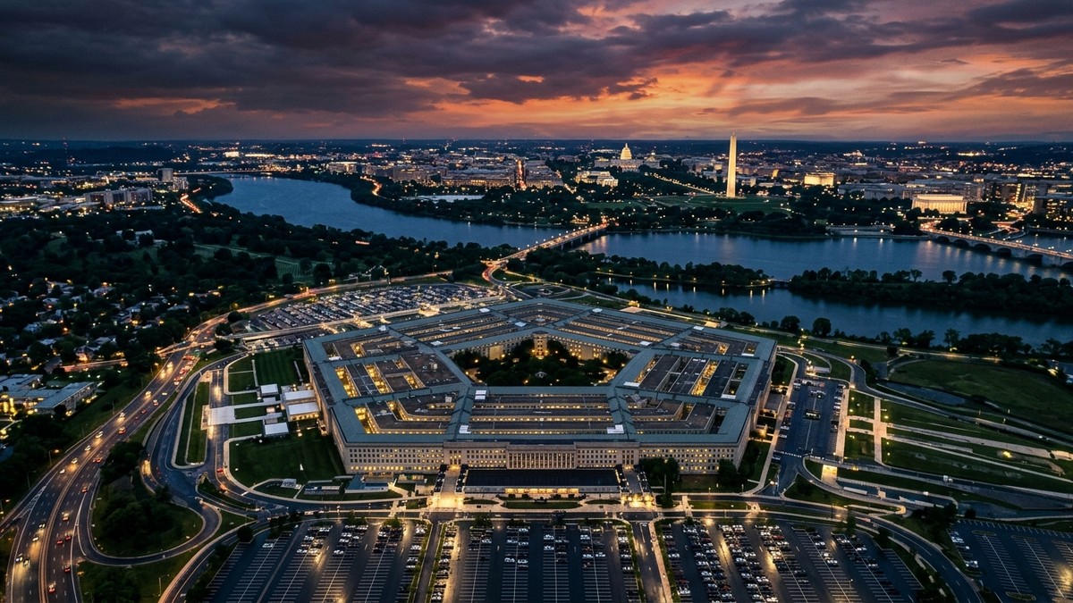 The Pentagon building seen from above at dusk with dramatic lighting