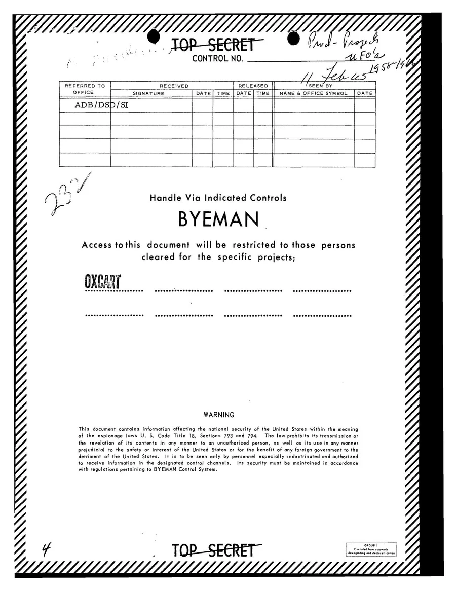 Declassified BYEMAN control system cover sheet from the CIA Puerto Rico UFO file, restricting access to personnel cleared for the OXCART project