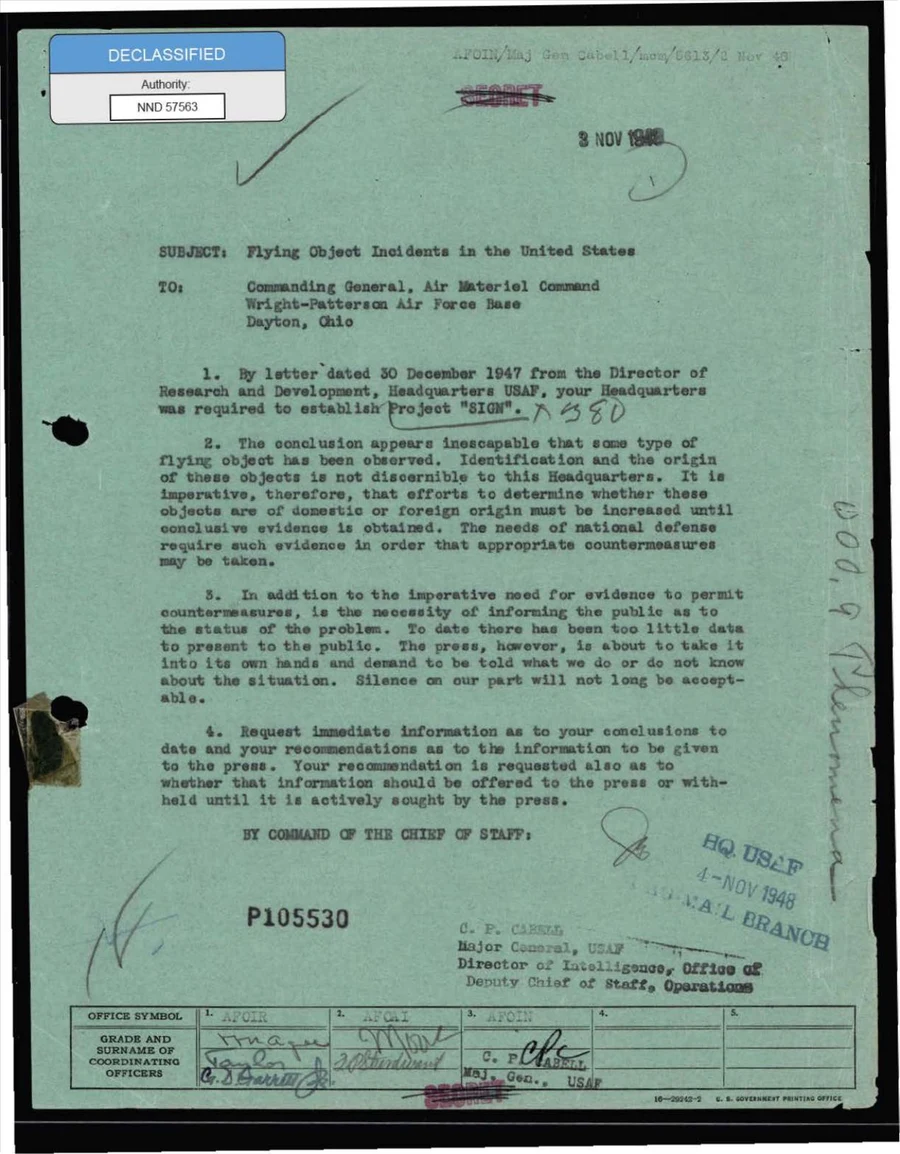 Scan of the 3 November 1948 letter from Major General C. P. Cabell to Air Materiel Command, stating the conclusion appears inescapable that some type of flying object has been observed