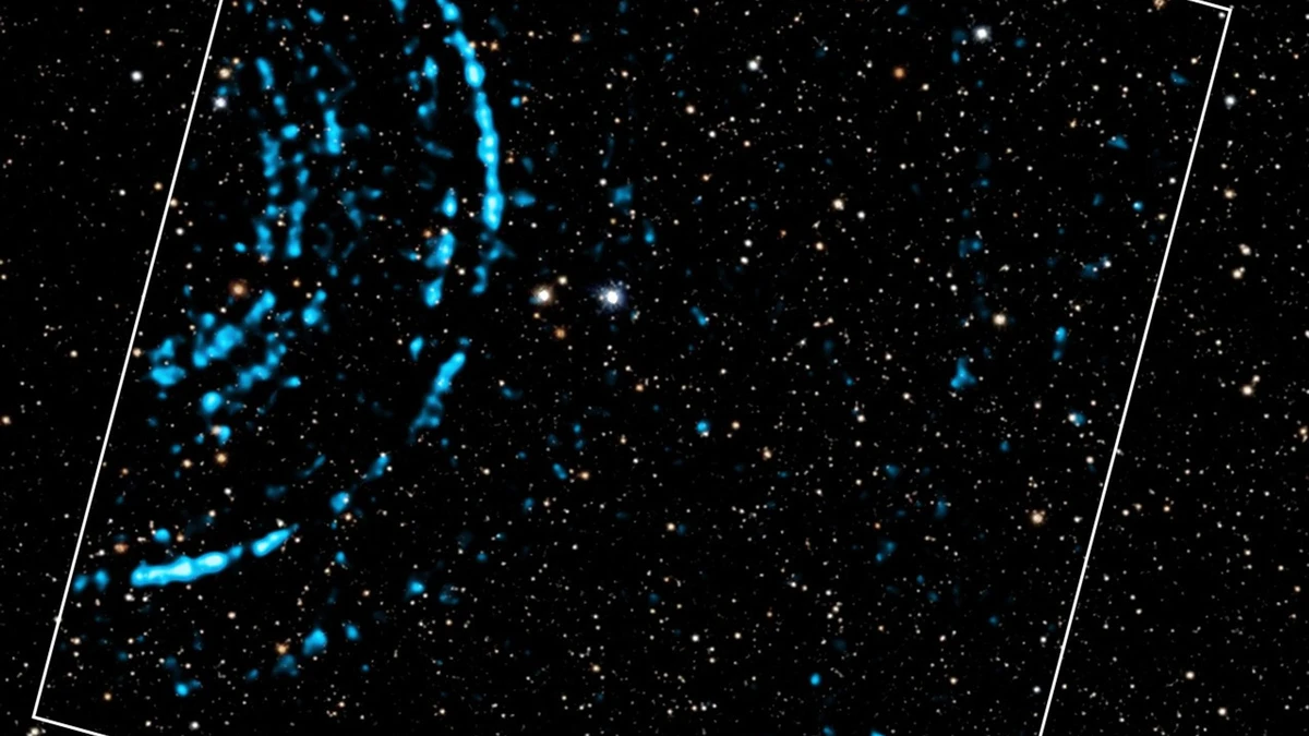Concentric rings of blue X-ray light echoes around a gamma-ray burst, captured by the Chandra X-ray Observatory against a field of stars