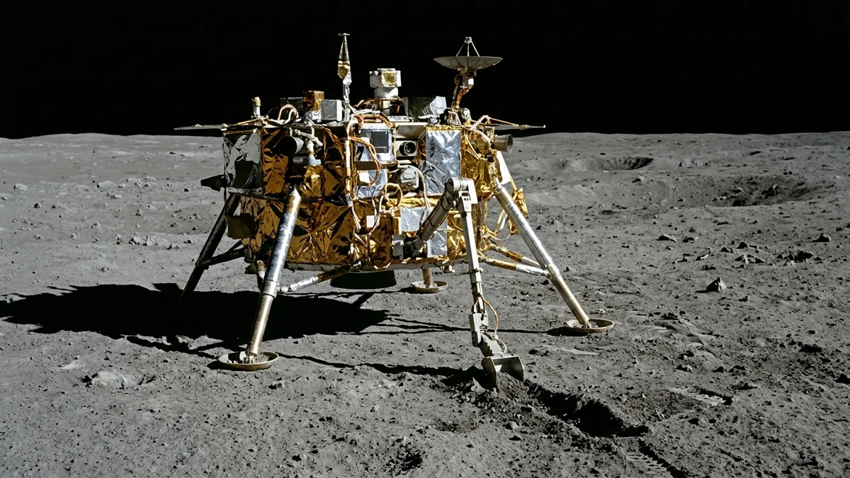 The Chang'e-6 lander on the grey cratered surface of the Moon's far side, scoop arm extended, with Earth nowhere in the sky