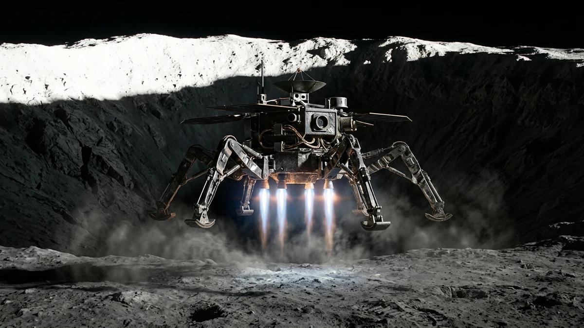 A six-legged robotic probe descending on small thrusters into a dark shadowed lunar crater