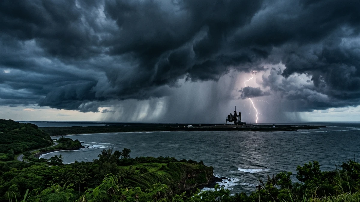 Dark storm clouds and rain over a tropical coastline with a distant launch pad tower