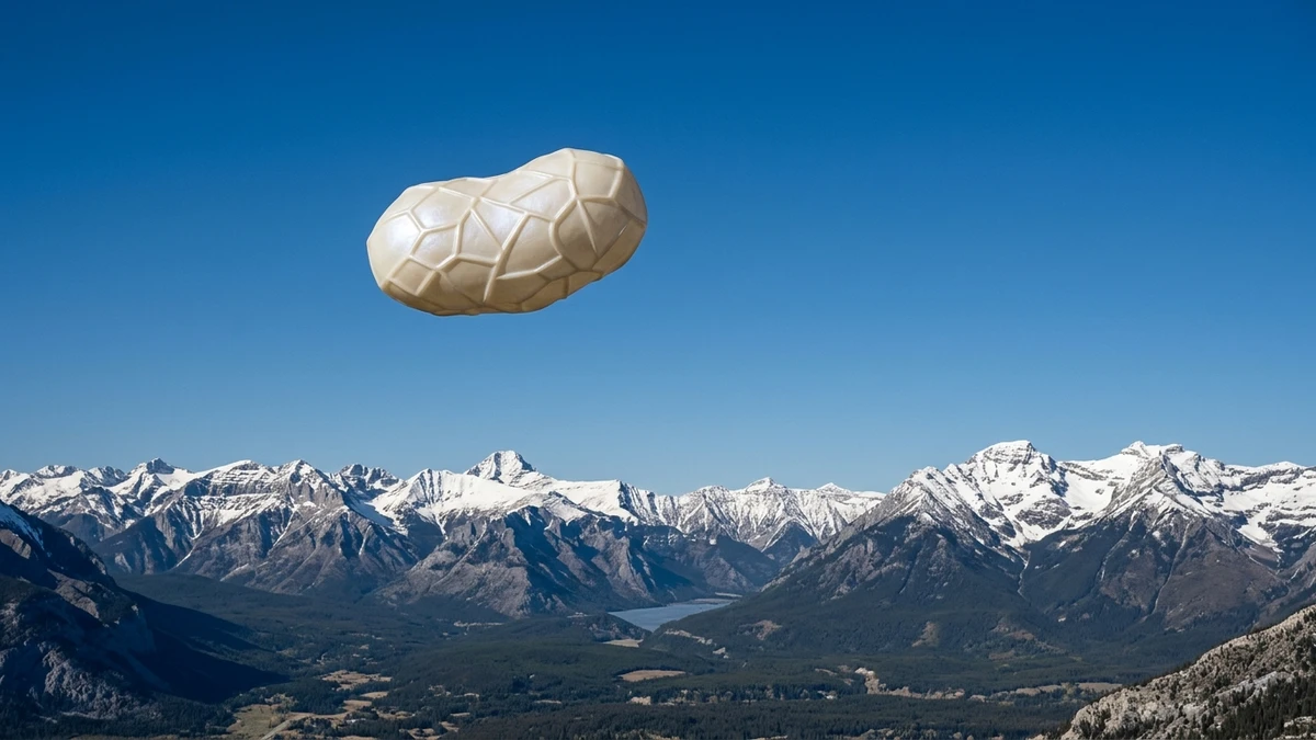 Illustration of a matte opalescent potato-shaped object with an irregular polygon panel pattern on its surface, against a clear blue sky over snow-capped mountains