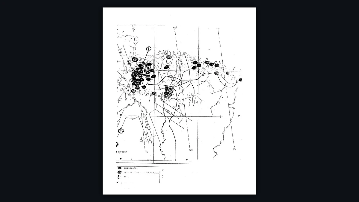Brazilian military map of the Pará coast plotting chupa-chupa sighting locations and injured victims