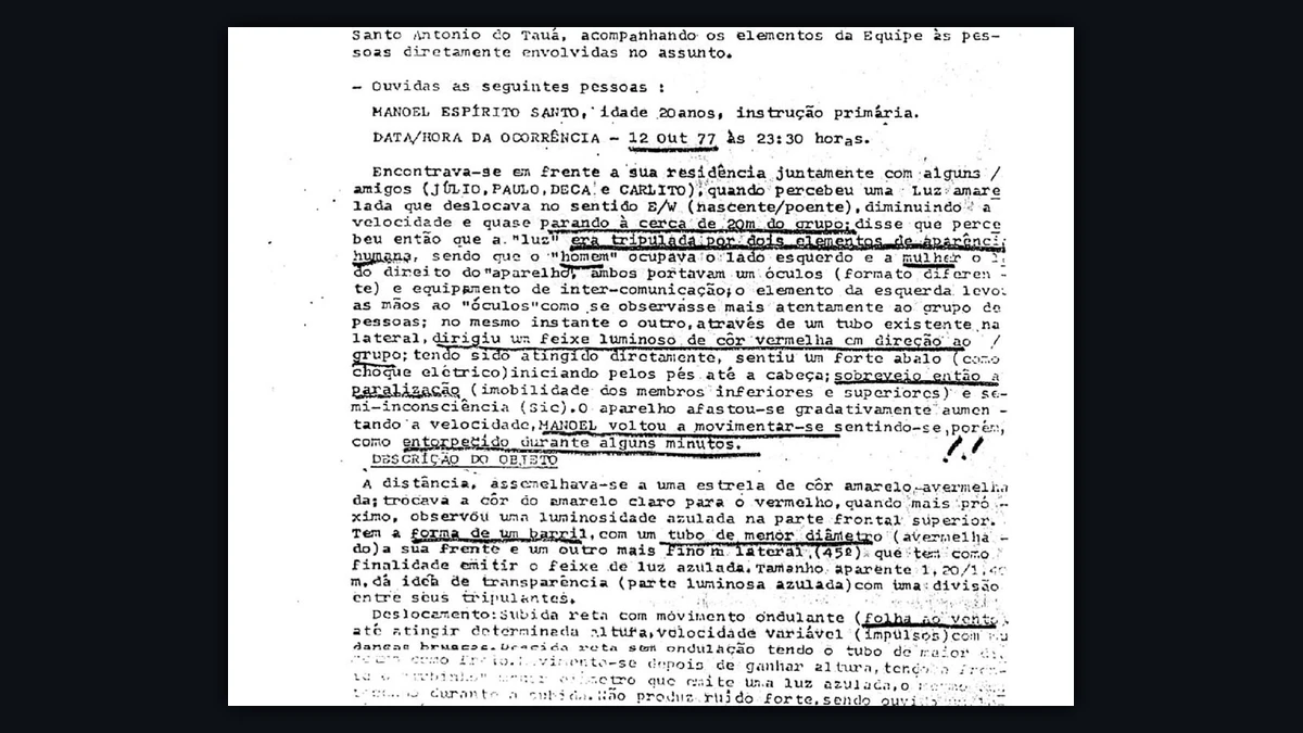 Page from the Operação Prato first mission report recording Manoel Espírito Santo's beam-strike statement