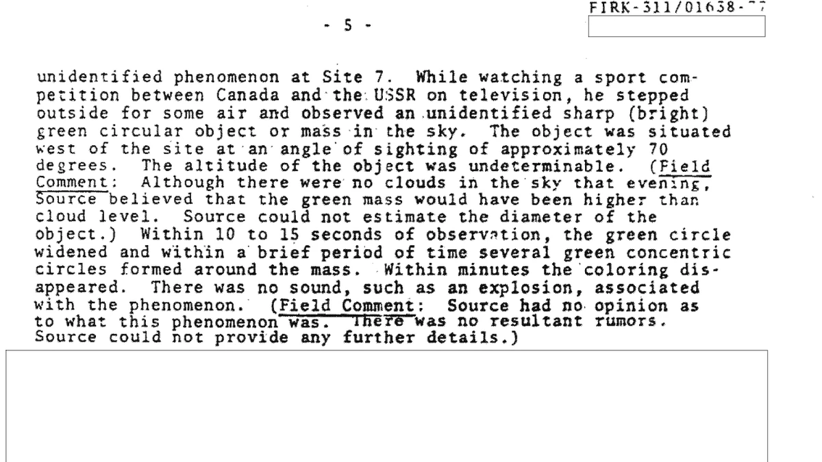 Paragraph 14 of the declassified CIA report describing the bright green circular object seen at Site 7, Sary Shagan, in late summer 1973