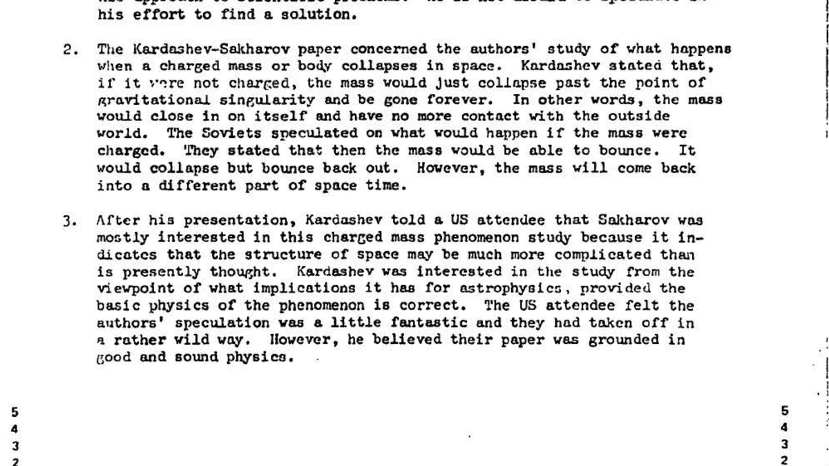 Paragraphs 2 and 3 of CIA-UAP-008 describing the Kardashev-Sakharov paper on a charged mass collapsing in space and bouncing back into a different part of space time, and the US attendee's view that it was fantastic but grounded in sound physics