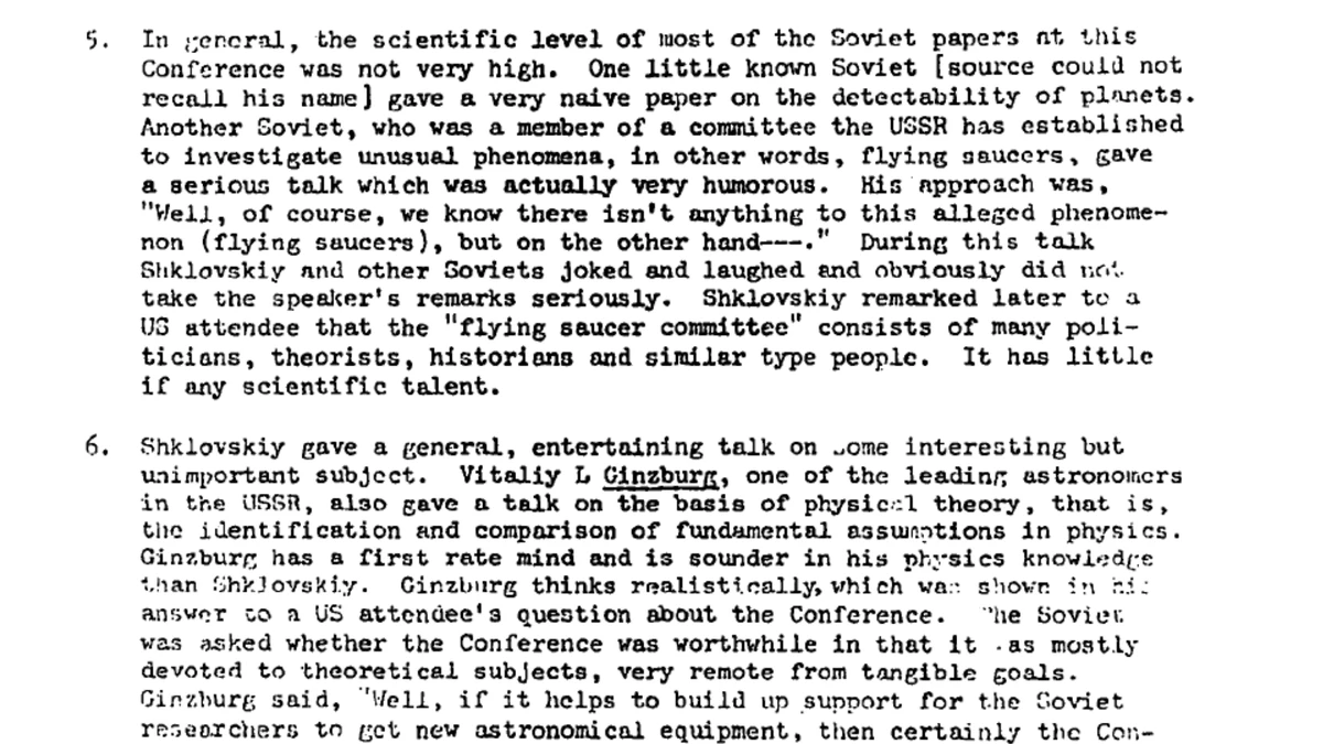 Paragraphs 5 and 6 of CIA-UAP-008: a member of a Soviet flying saucer committee gives a humorous talk, Shklovskiy and other Soviets laugh, and Shklovskiy says the committee has little scientific talent; Ginzburg's remark about astronomical equipment follows