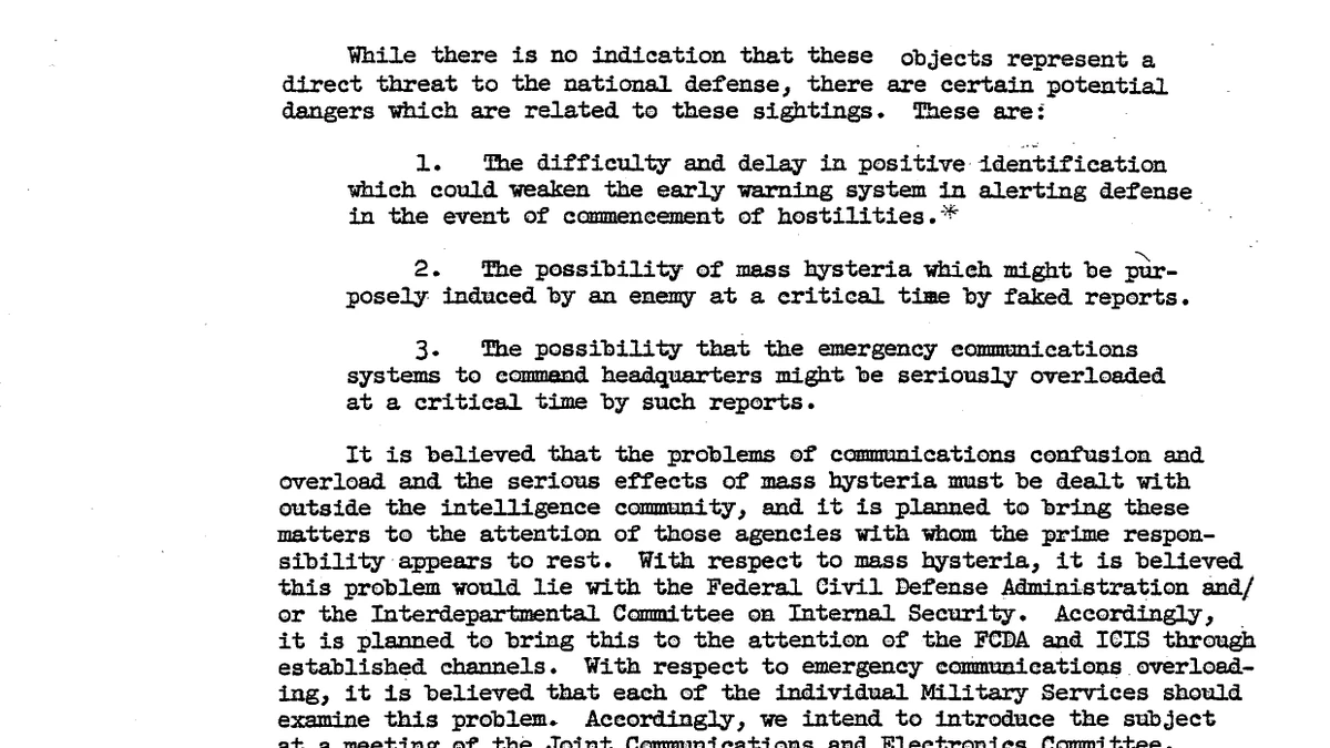Second page of CIA-UAP-014 listing three potential dangers of UFO sightings: delays to early warning, mass hysteria induced by faked reports, and overloaded emergency communications