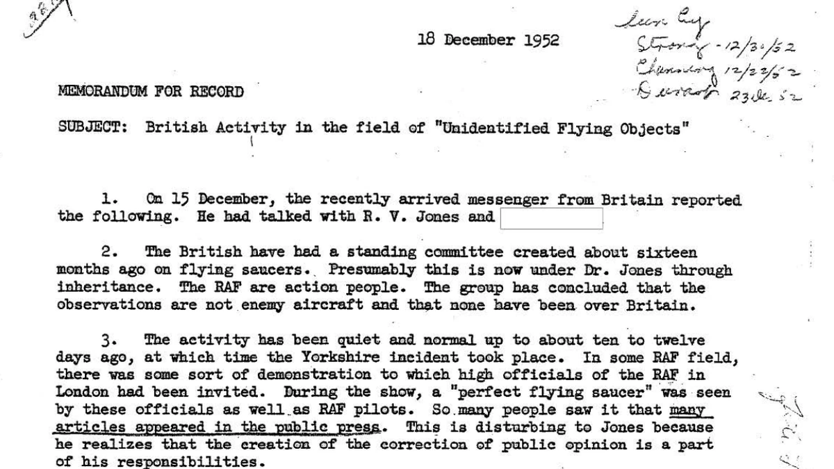 Typed CIA memorandum for record dated 18 December 1952, subject British Activity in the field of Unidentified Flying Objects, paragraphs 1 to 3 mentioning R. V. Jones, a standing committee on flying saucers and the Yorkshire incident