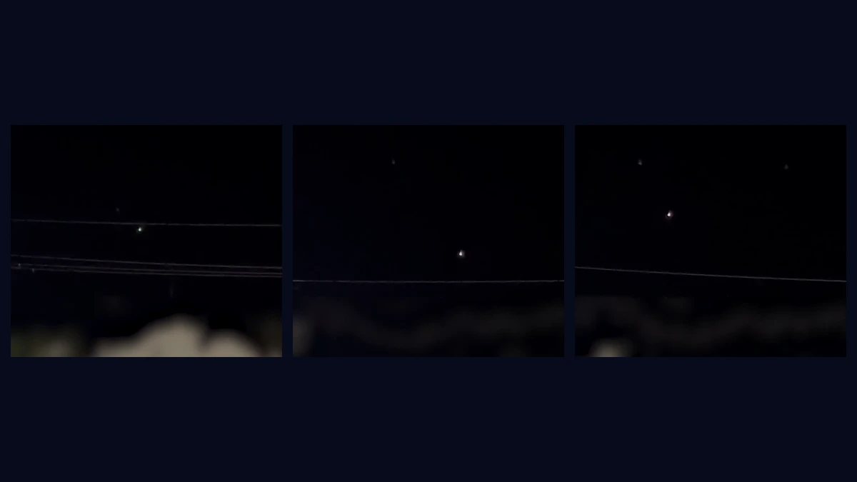 Three frames from the 15-minute Colorado police video PR002, each showing a single small white point of light above power lines in a black sky, with a blurred band below