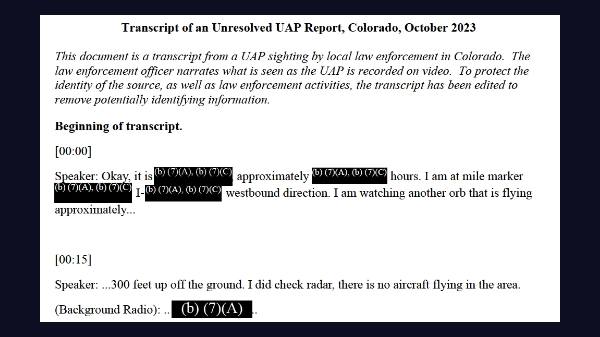 Top of the transcript LLE-UAP-D001, with the time and mile marker redacted and the officer's words about another orb 300 feet up and a radar check showing no aircraft