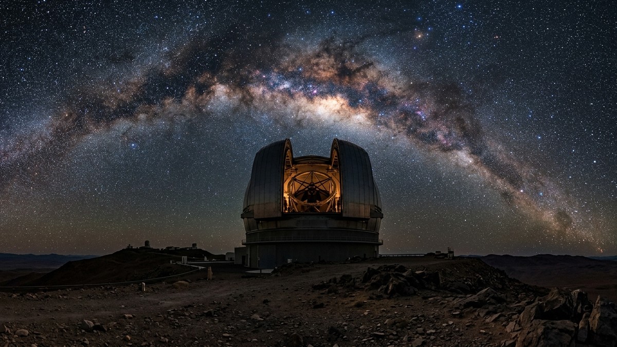 A telescope dome silhouetted against a dark sky filled with stars, representing the Atacama Desert observatory where Comet MAPS was discovered