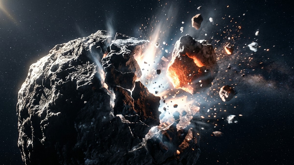 A close-up illustration of a comet nucleus cracking apart with jets of gas erupting from fractures as intense sunlight illuminates one side