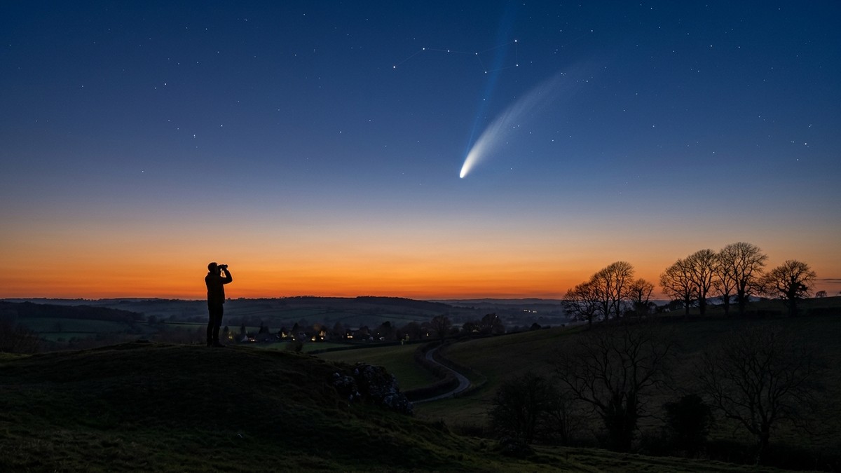A bright comet with a sweeping tail visible low above the western horizon after sunset, silhouetted against orange twilight