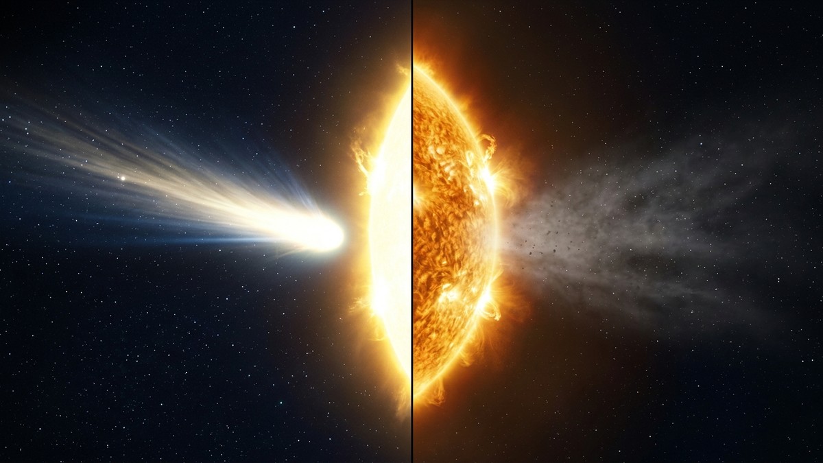 A split image comparing a bright comet with a long tail emerging from behind the Sun on one side with a fading diffuse cloud on the other