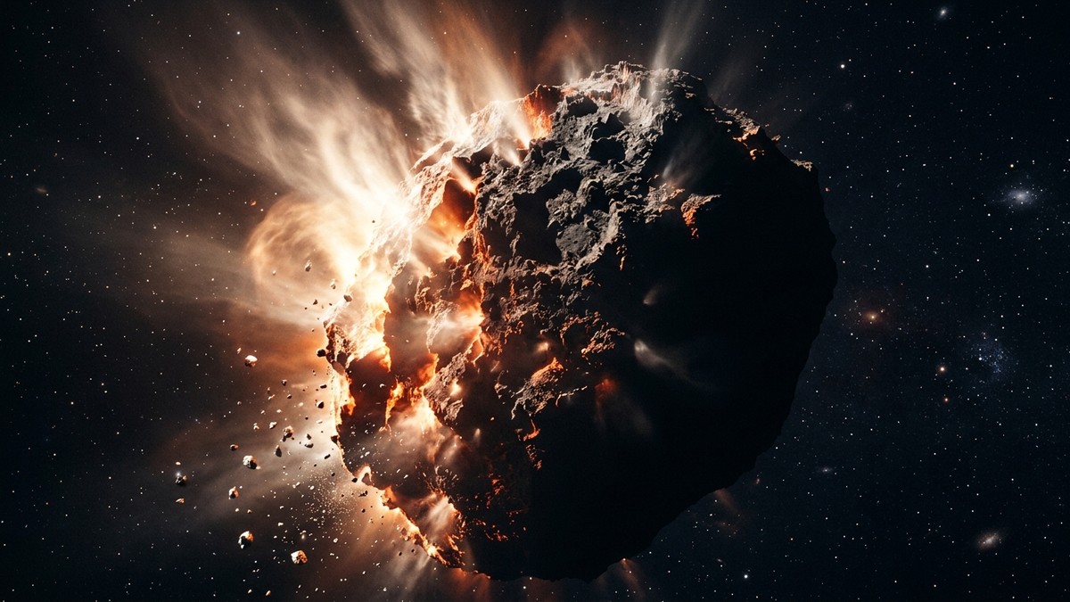 Close-up of a comet nucleus glowing orange-red on the sun-facing side with jets of gas erupting from surface cracks and fragments breaking away