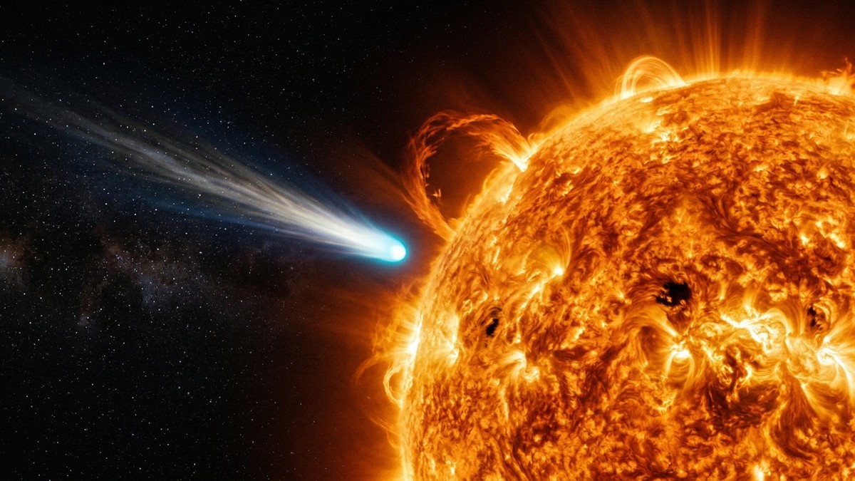 Diagram showing a comet approaching the Sun on a steep orbital path with its tail streaming away