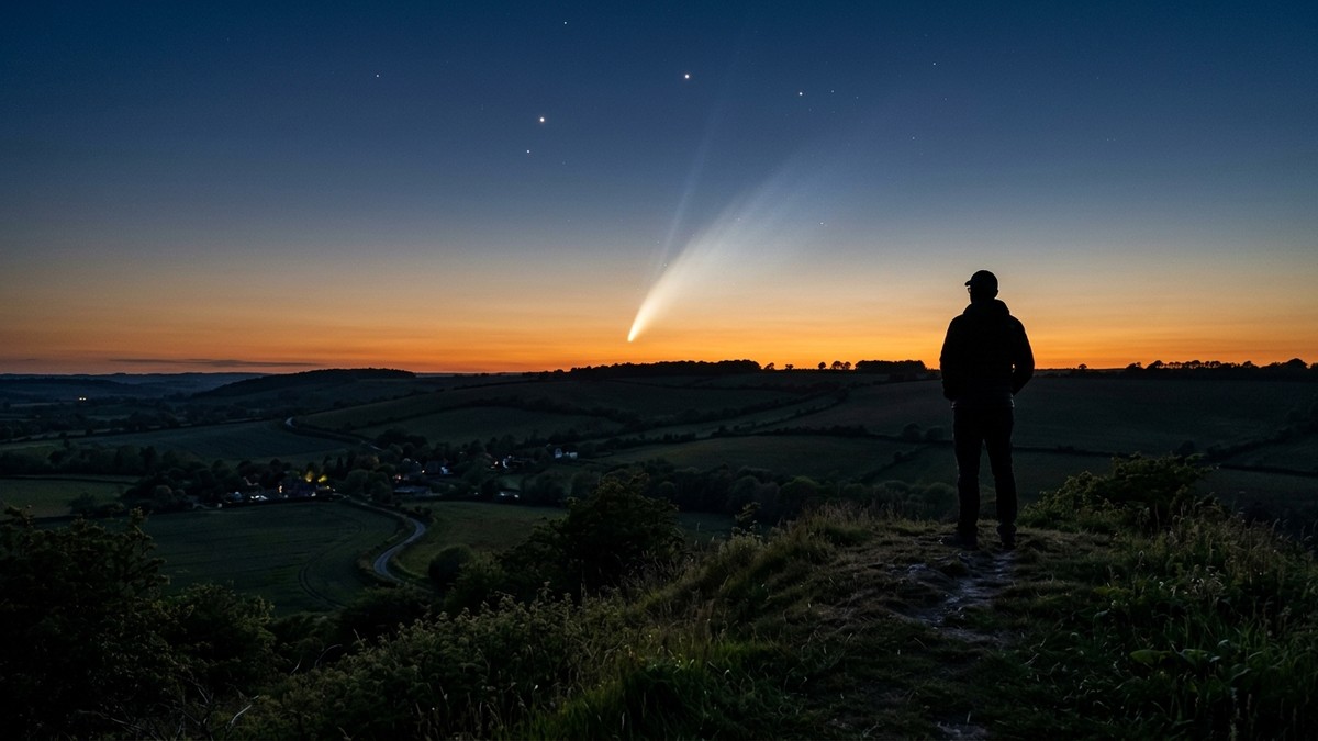 A person standing on a hilltop in the English countryside at dusk watching a bright comet with a sweeping tail low on the western horizon