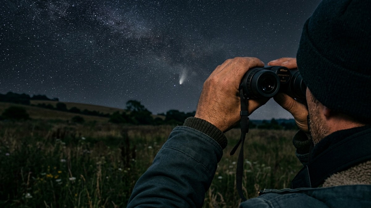 A person holding binoculars up toward a dark starry sky with a faint comet visible